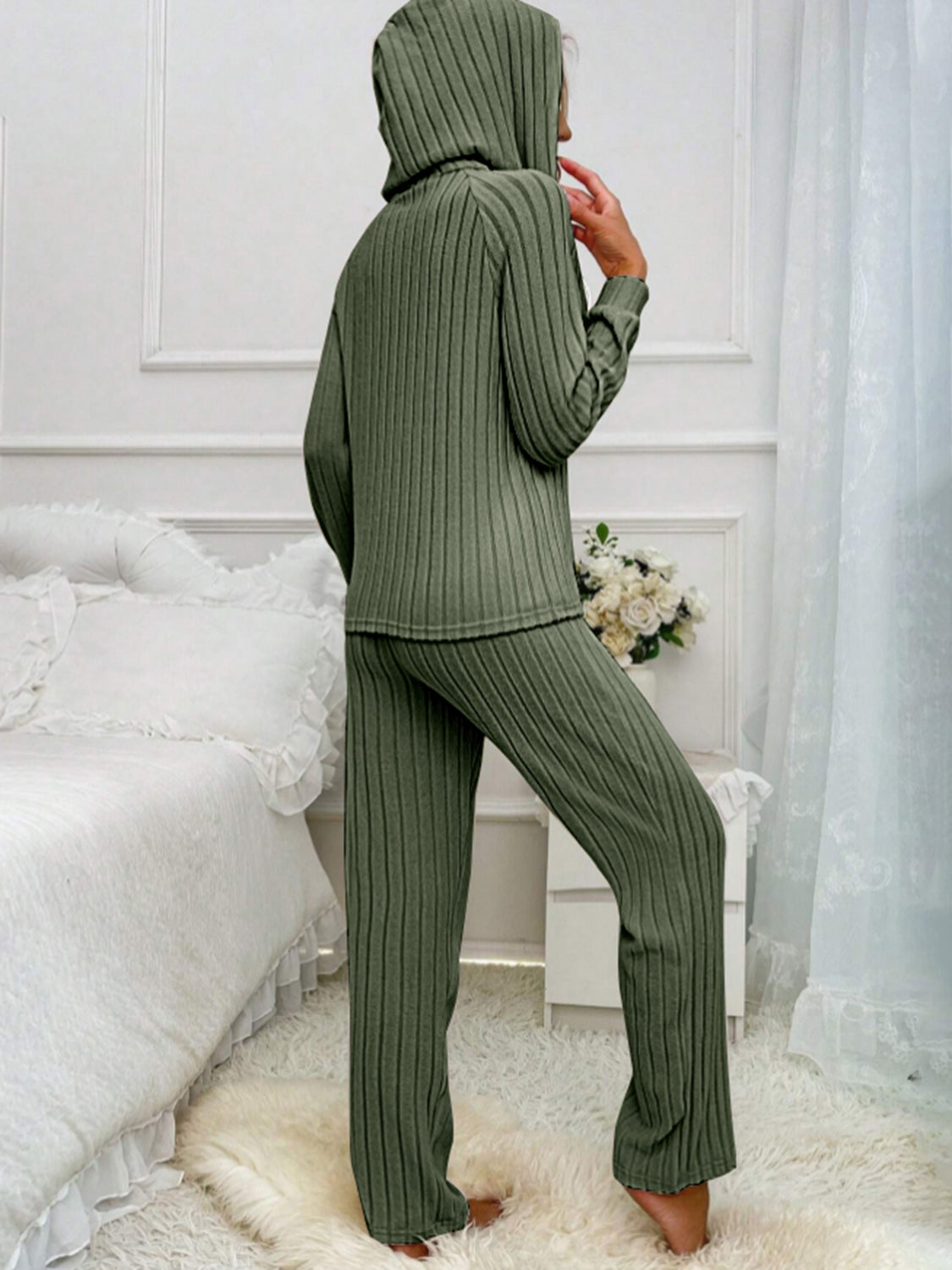 Ilona | Hooded top and ribbed drawstring half button pants set