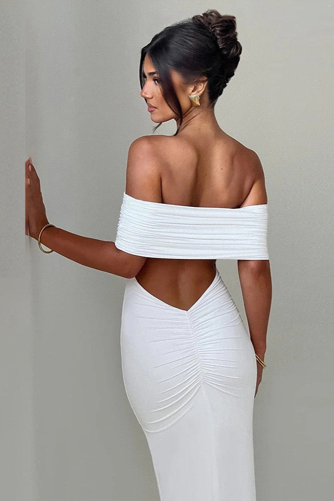 Solid Off Shoulder Ruched Formal Dress