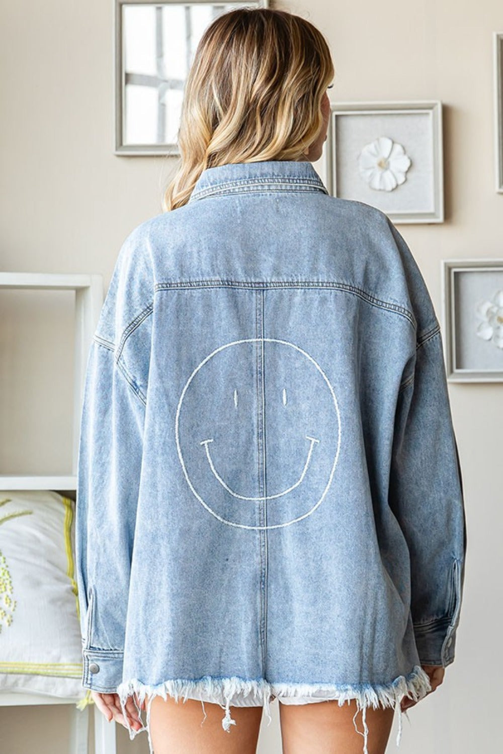 Ilona | First Love Smile Face denim jacket with raw hem and button placket