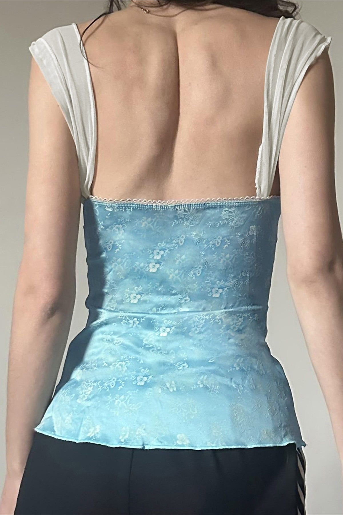 Lace Bow Floral Print Square Neck Fitted Tank Top