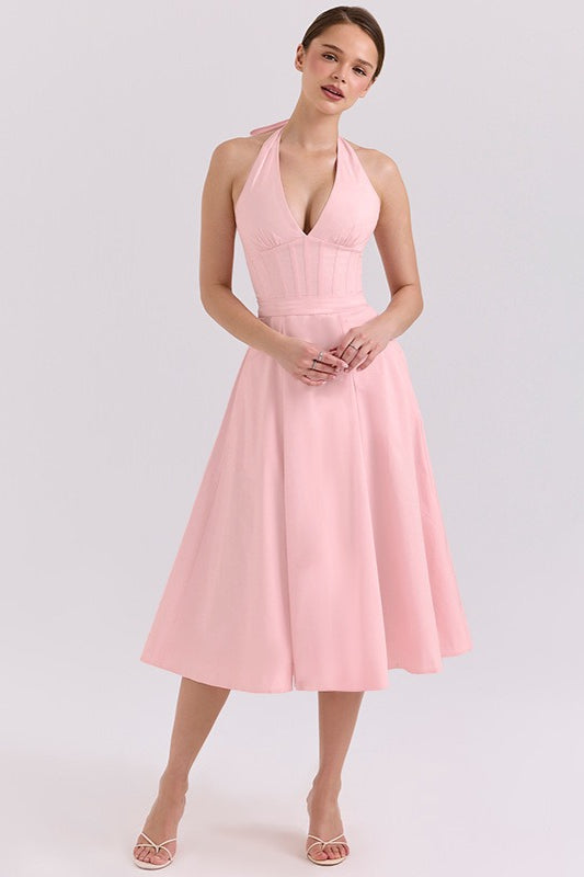 Elegant Deep V Halter Backless Maxi Party Dress