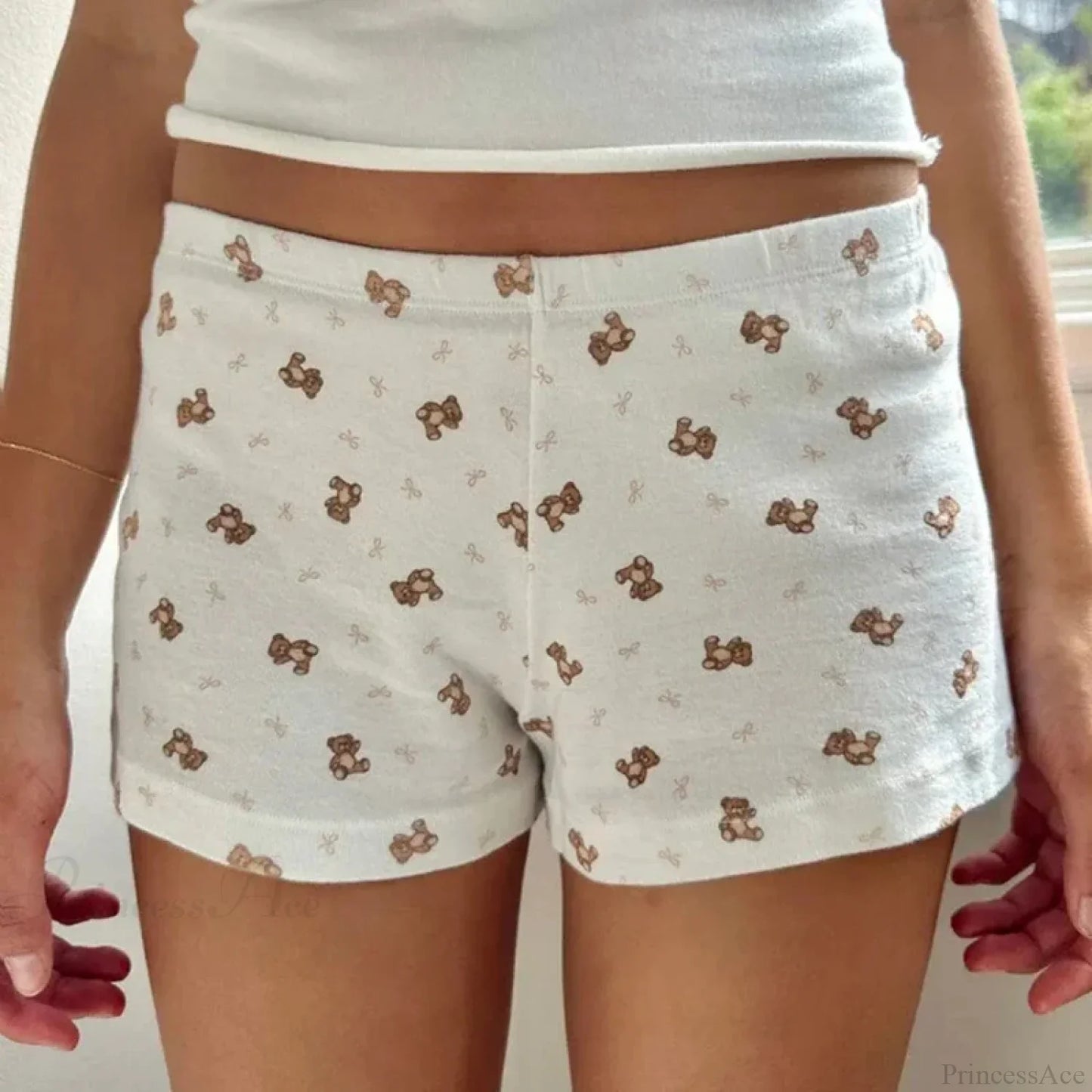 Bear Print Retro Slim Fit Camis Low Rise Shorts Two Pieces Set