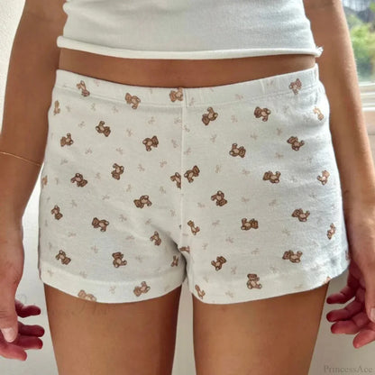 Bear Print Retro Slim Fit Camis Low Rise Shorts Two Pieces Set
