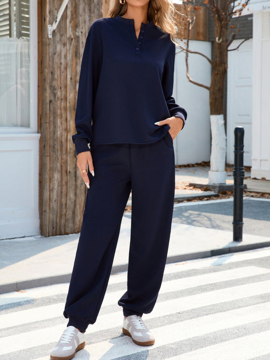 Zaida | Long sleeve top and quarter button trousers set