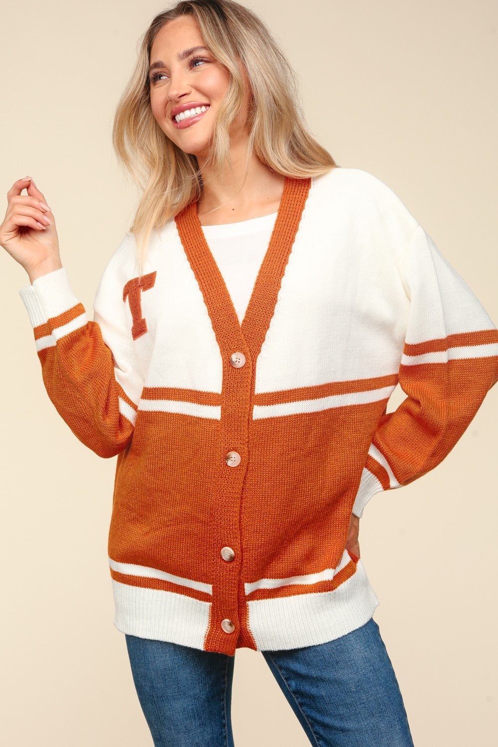 Raquel | Haptics full size cardigan with V-neck, button placket and letter patch