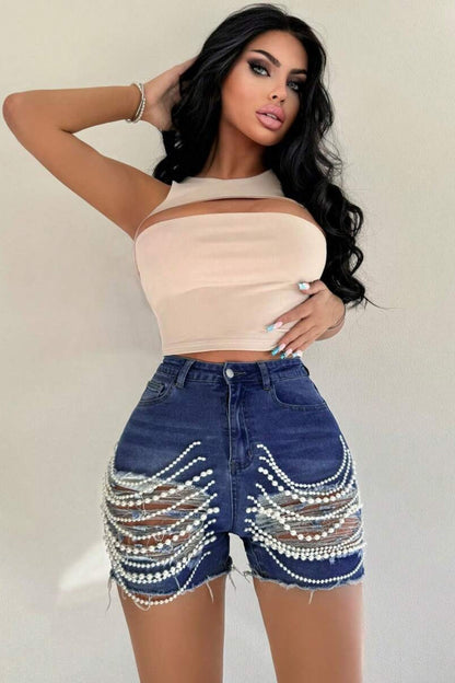 Beaded Chain Ripped High Waist Denim Shorts