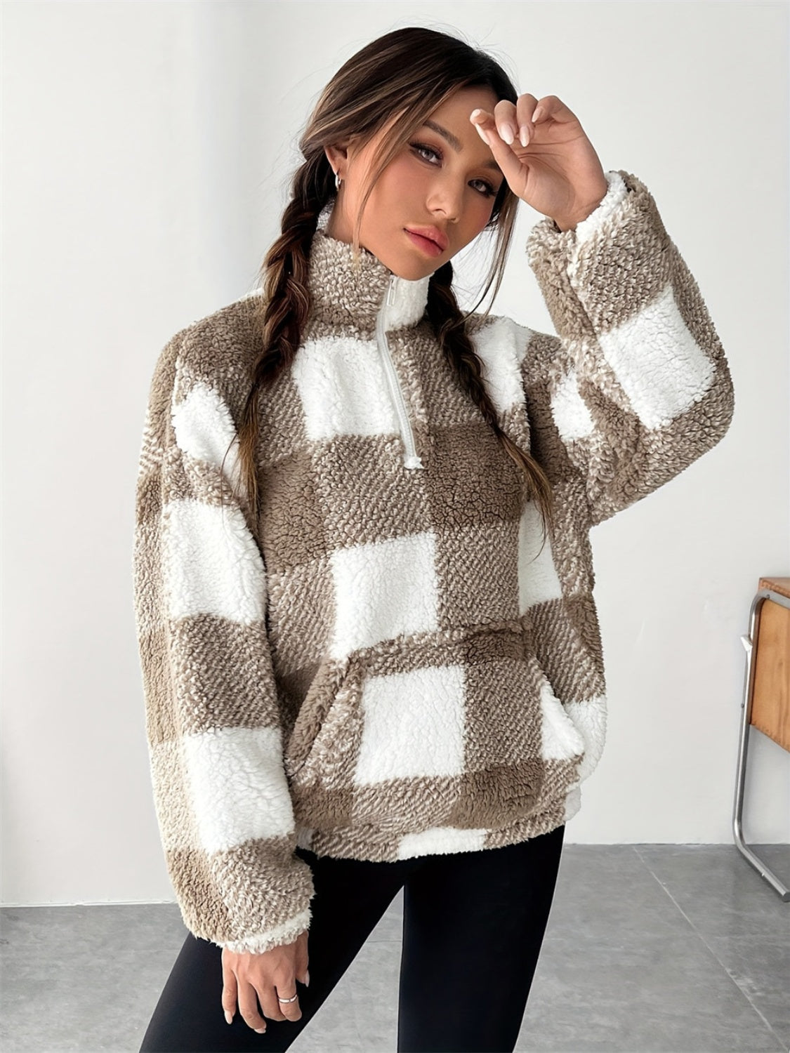 Brigitte | Checked half zip long sleeve teddy sweatshirt