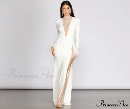 Beka Mesh And Heat Graceful Stone High Slit Dress