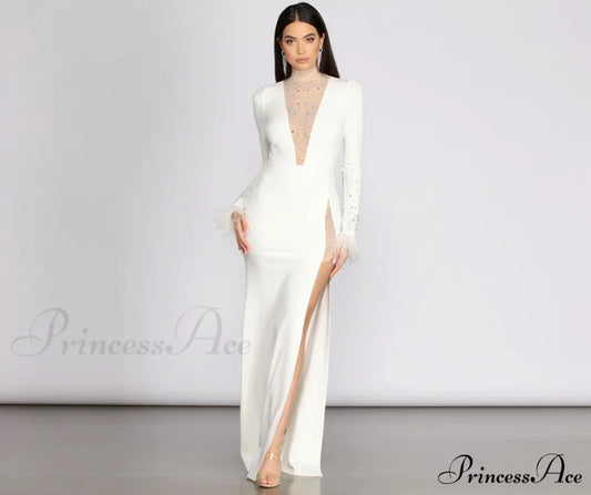 Beka Mesh And Heat Graceful Stone High Slit Dress