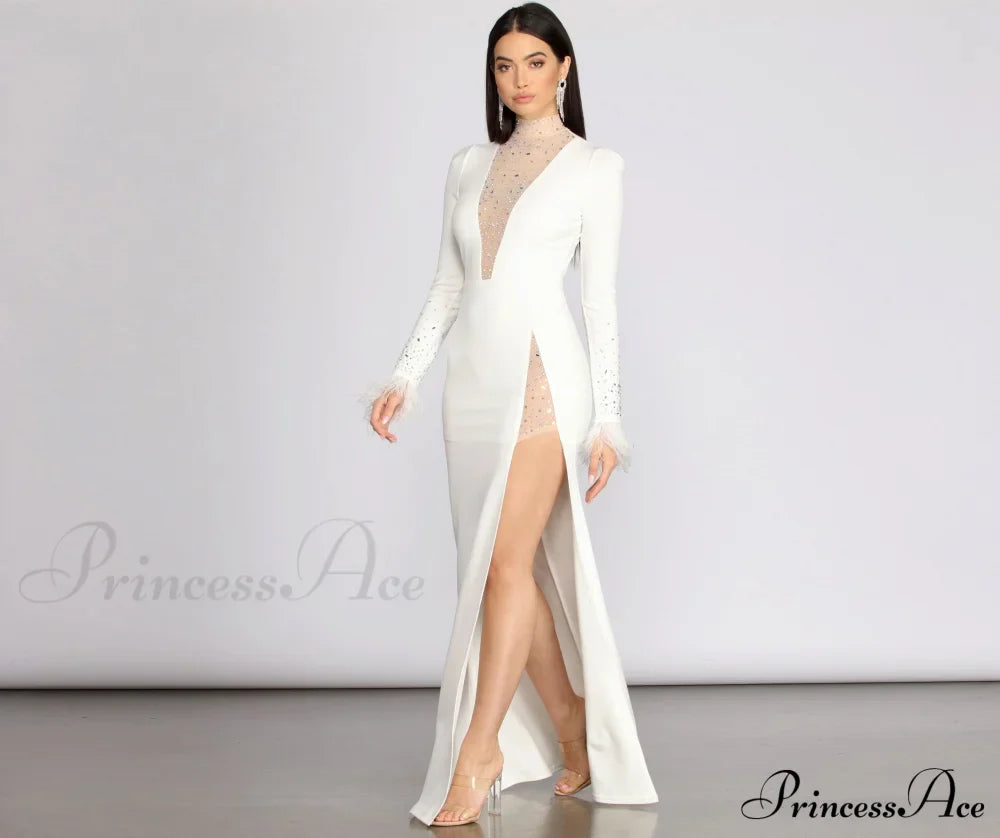 Beka Mesh And Heat Graceful Stone High Slit Dress