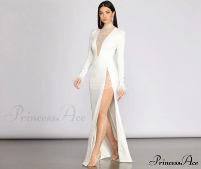 Beka Mesh And Heat Graceful Stone High Slit Dress