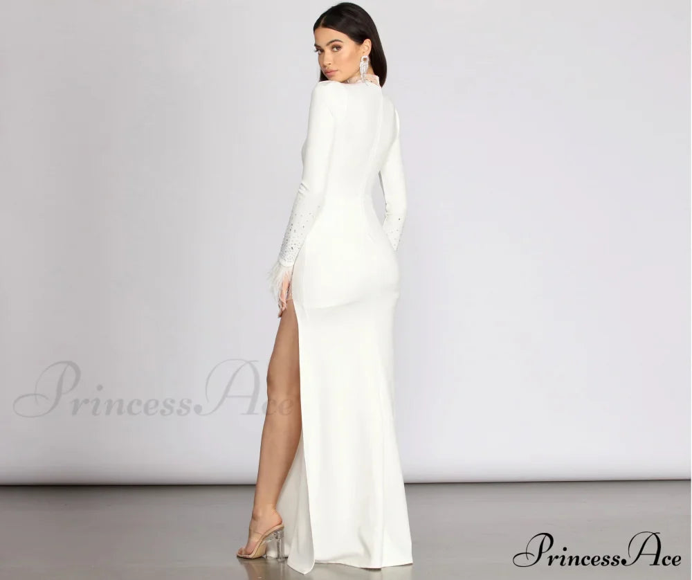 Beka Mesh And Heat Graceful Stone High Slit Dress