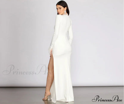 Beka Mesh And Heat Graceful Stone High Slit Dress