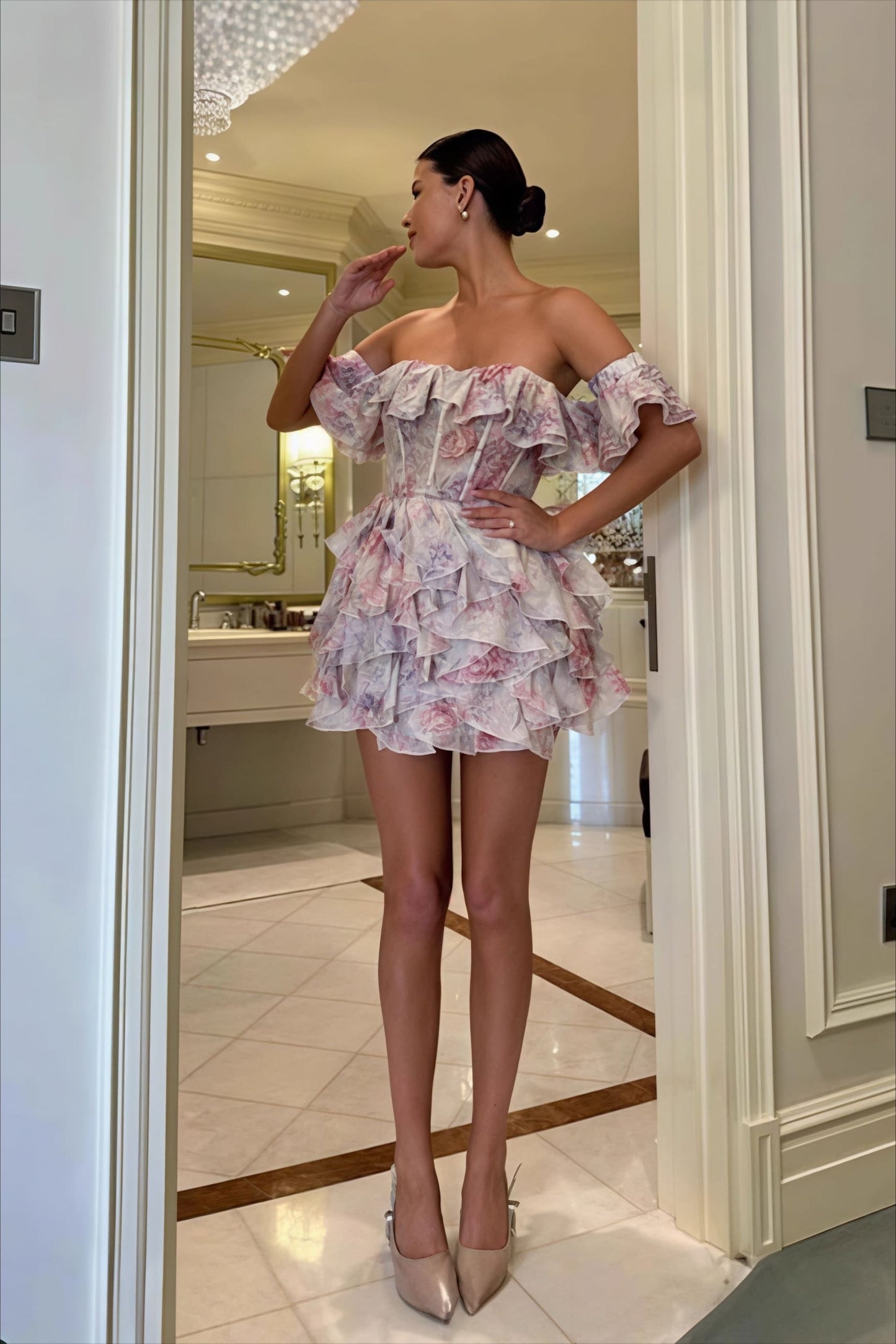 Romantic Organza Floral Print Strapless Mini Dress