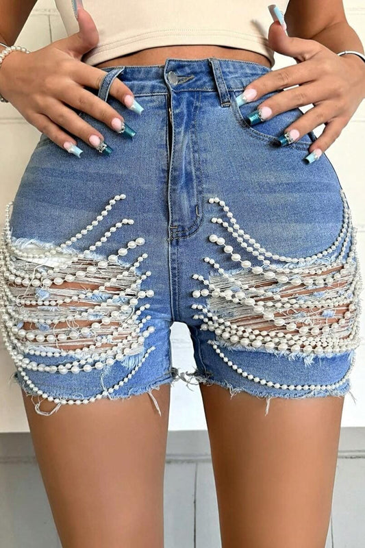 Beaded Chain Ripped High Waist Denim Shorts