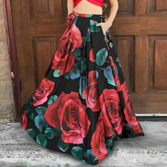 Big Swing Floral Print Long Skirt with Pockets Summer