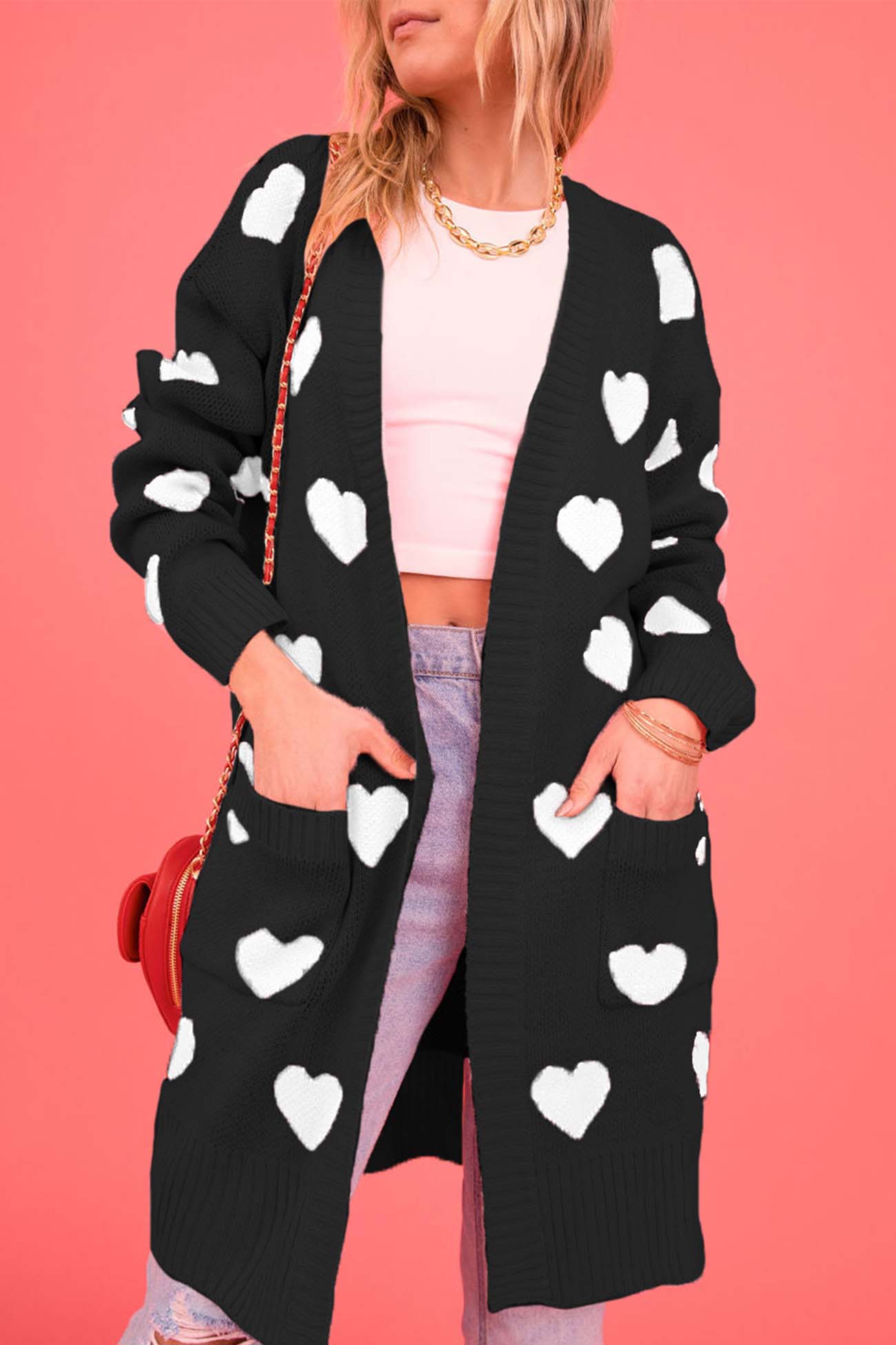 Kristina | Long cardigan with a sweetheart neckline and open front pocket