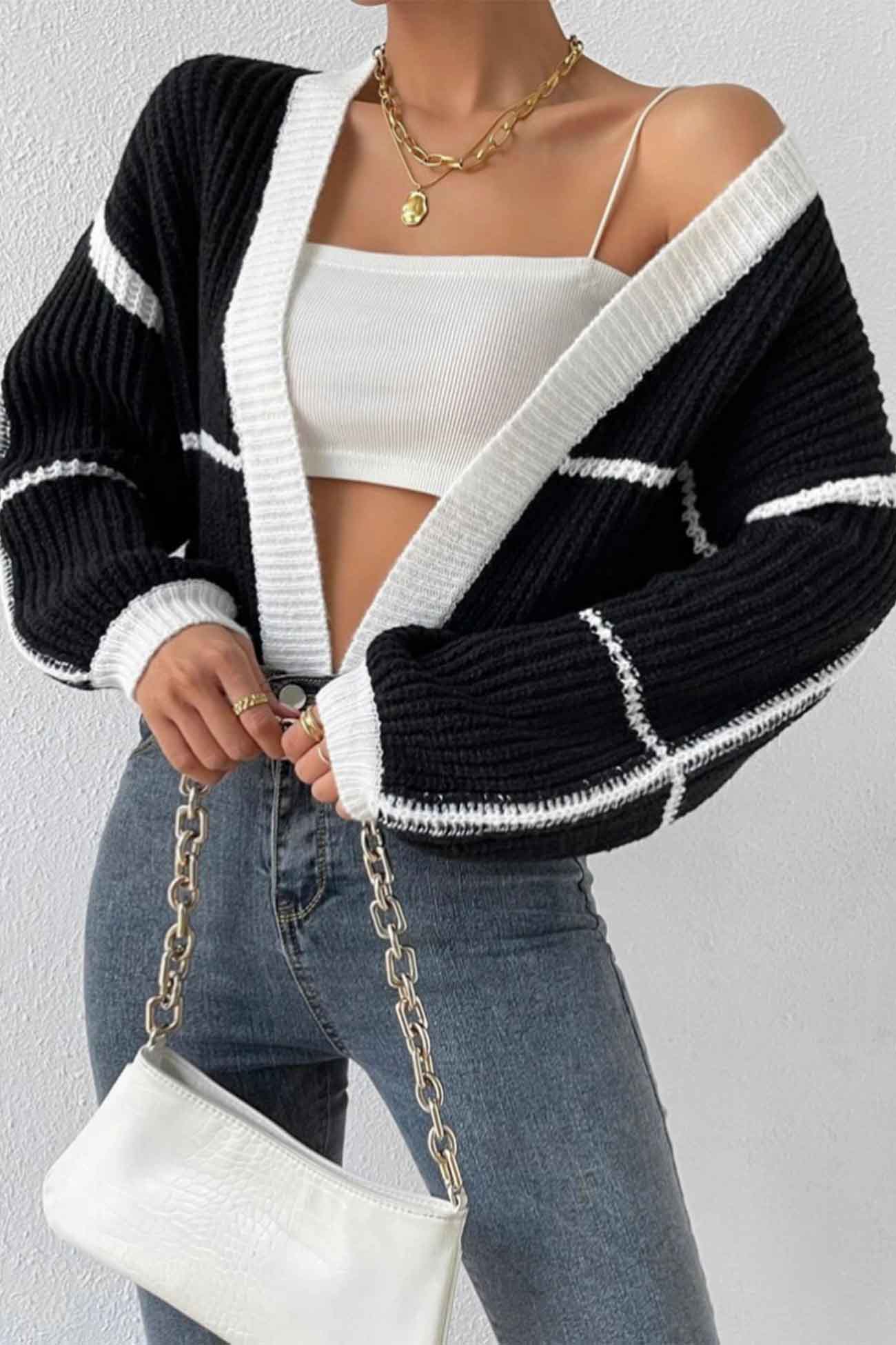Felisa | Long sleeve open front patchwork knit cardigan