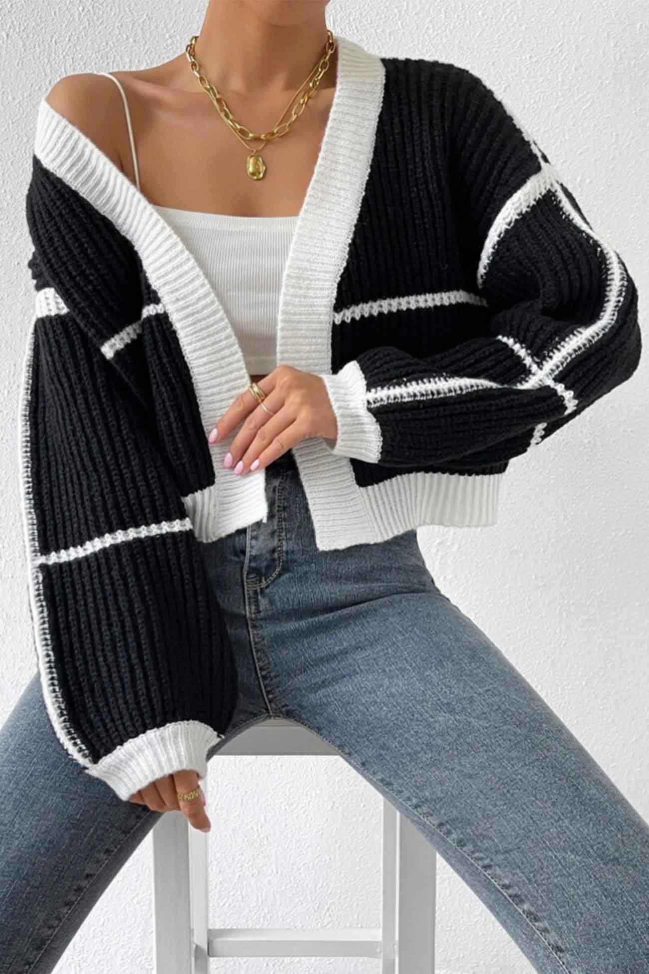Felisa | Long sleeve open front patchwork knit cardigan