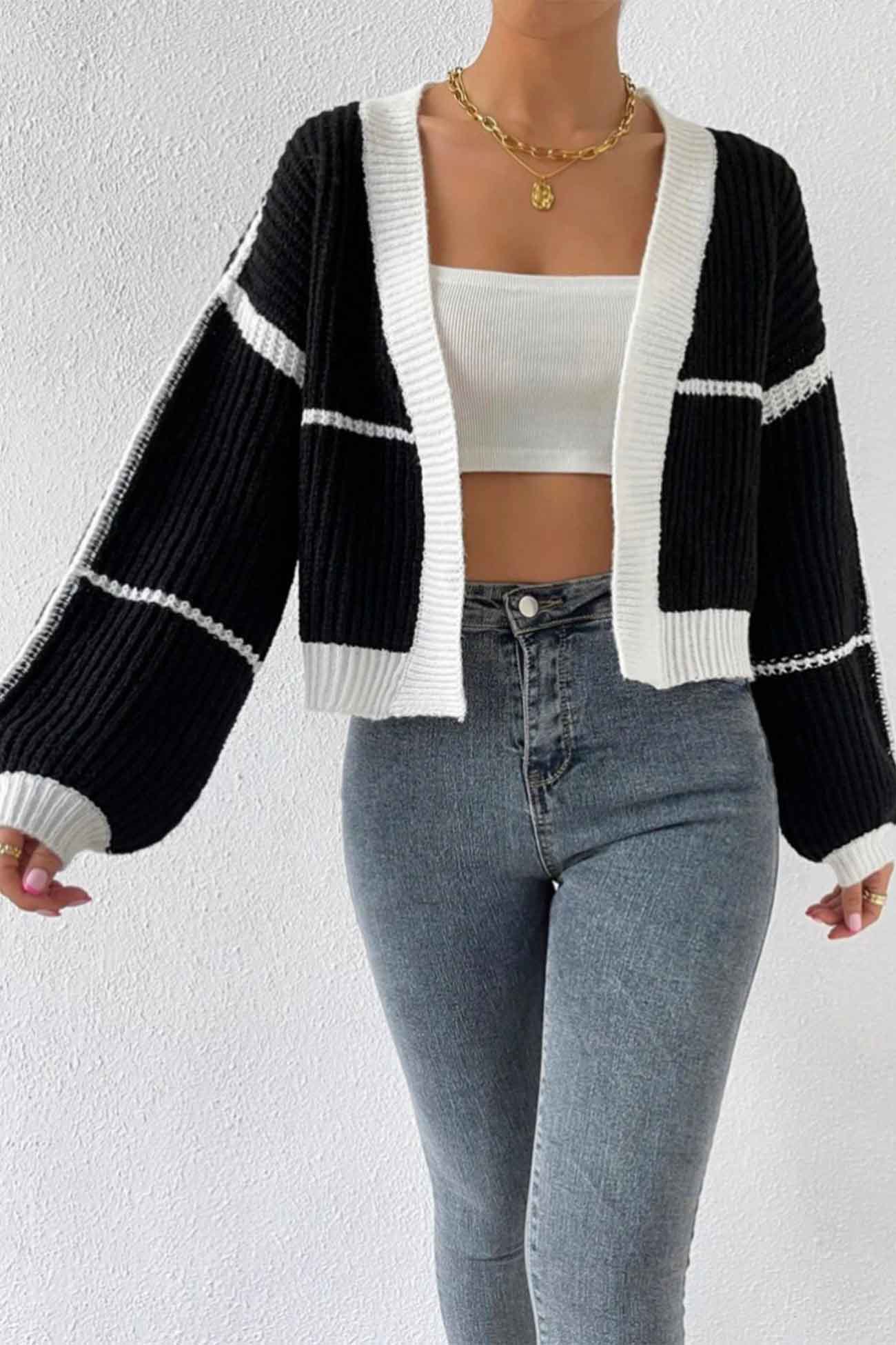 Felisa | Long sleeve open front patchwork knit cardigan