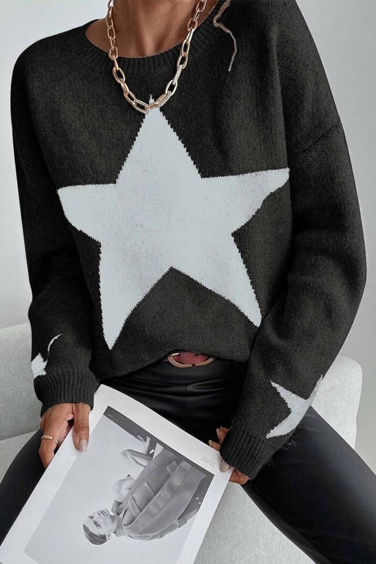 Greta | Long-sleeved knitted jumper with a crew neck and a star pattern