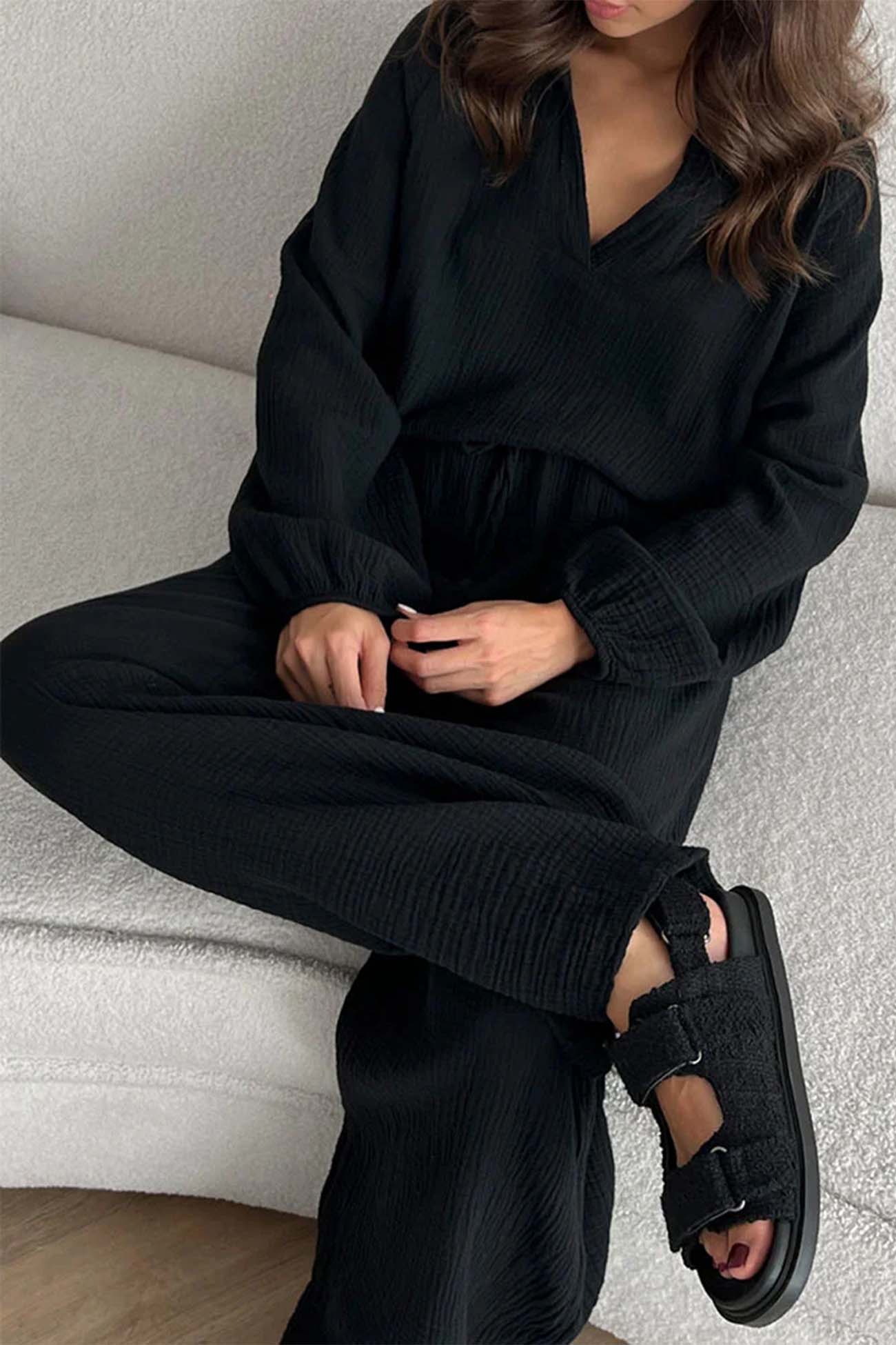 Nina | Two piece set with wide leg pants and lapel drawstring