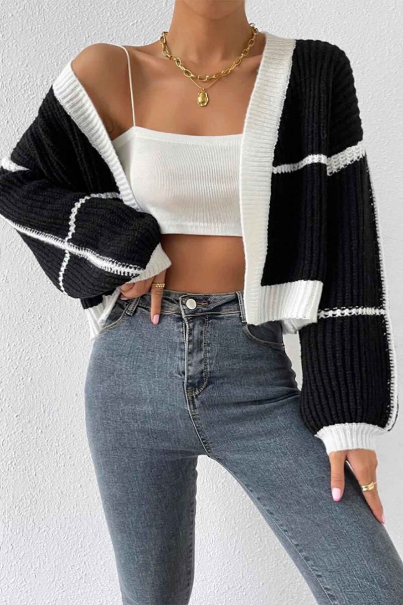 Felisa | Long sleeve open front patchwork knit cardigan