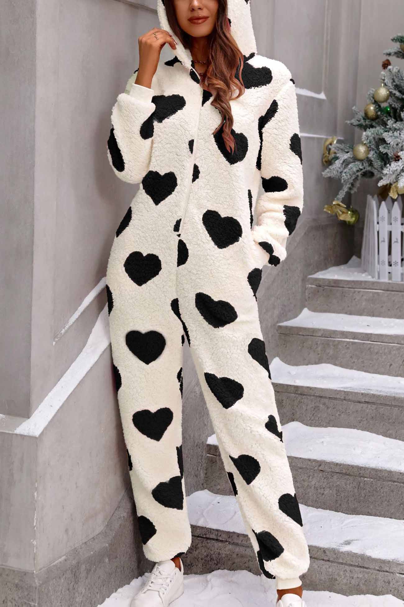 Vittoria | Plush heart jumpsuits with hood and zip
