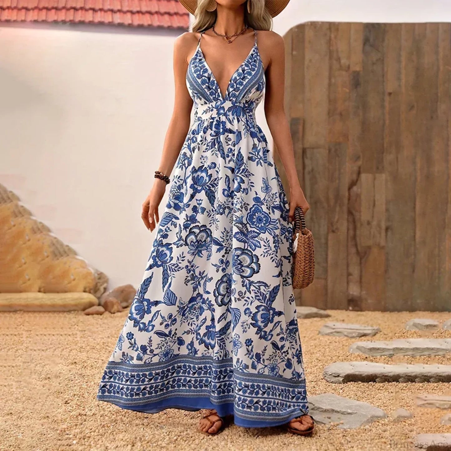Blue White Porcelain Chiffon Floral Mini Dress
