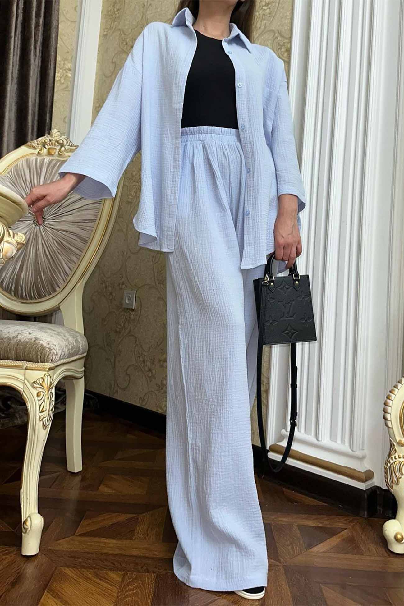 Hannelore | Two piece set with wide leg pants and button belt