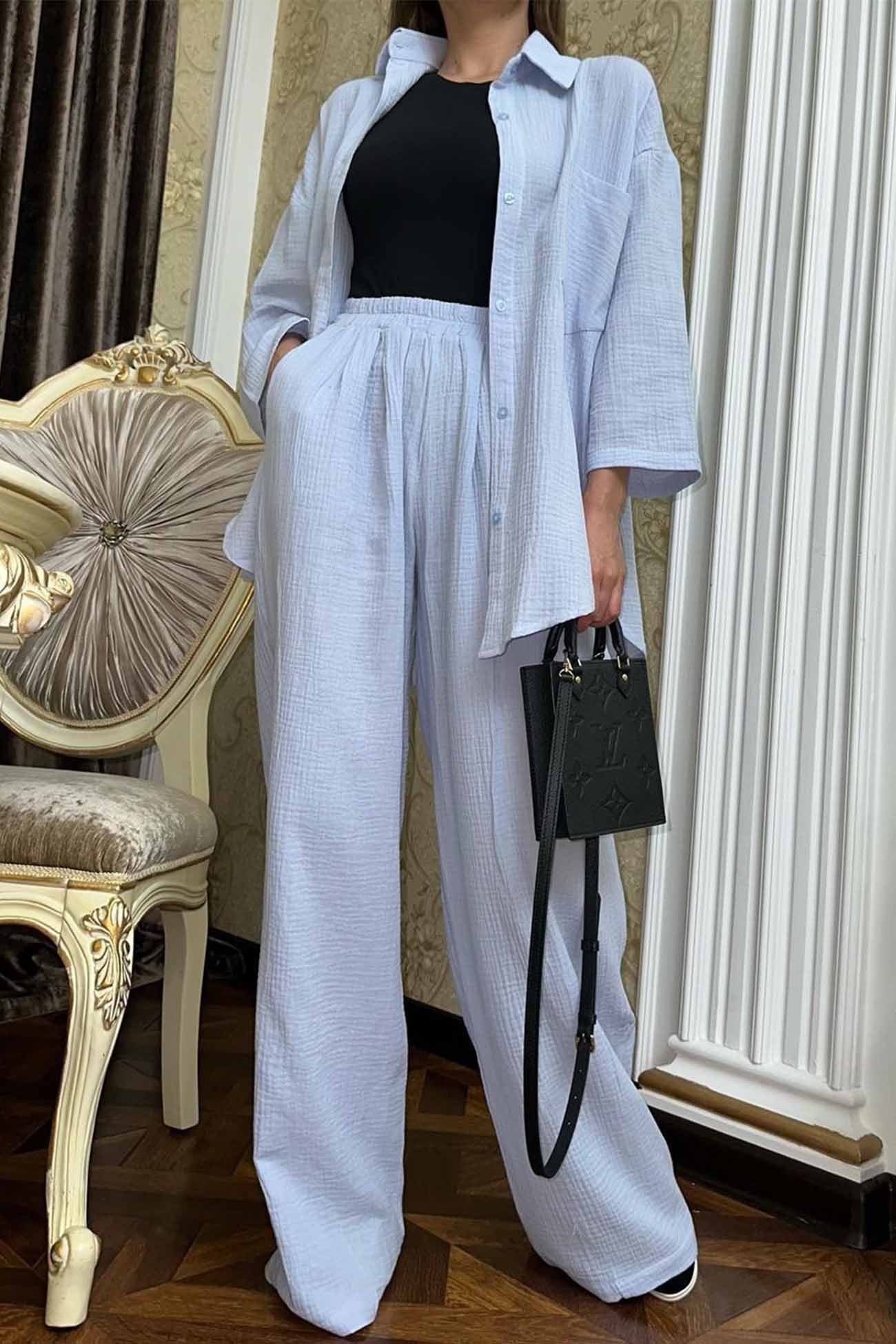 Hannelore | Two piece set with wide leg pants and button belt
