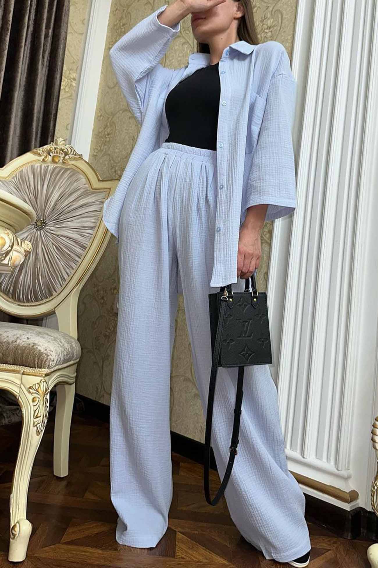 Hannelore | Two piece set with wide leg pants and button belt