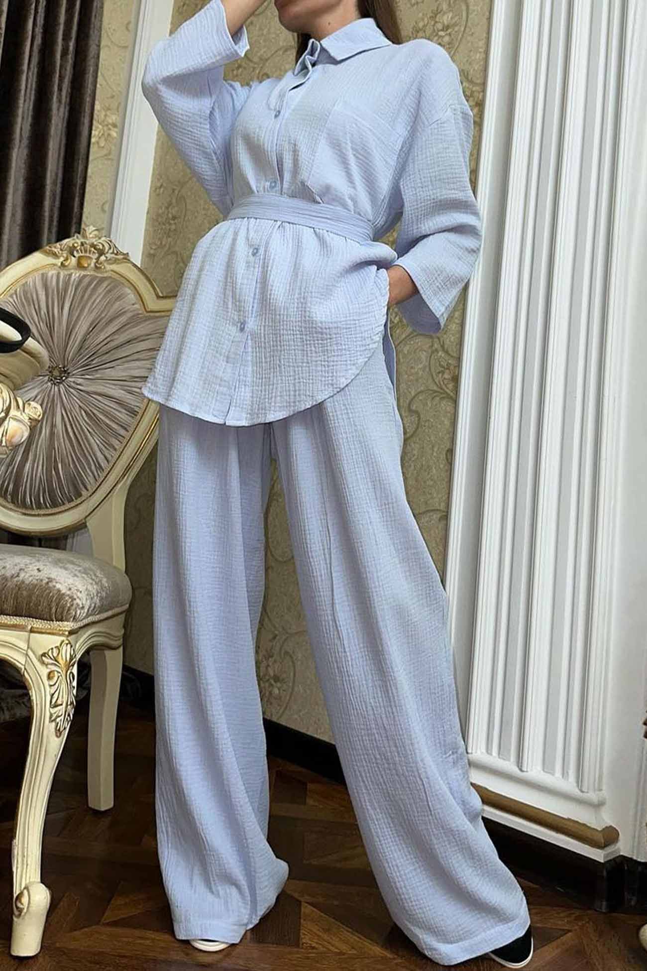Hannelore | Two piece set with wide leg pants and button belt