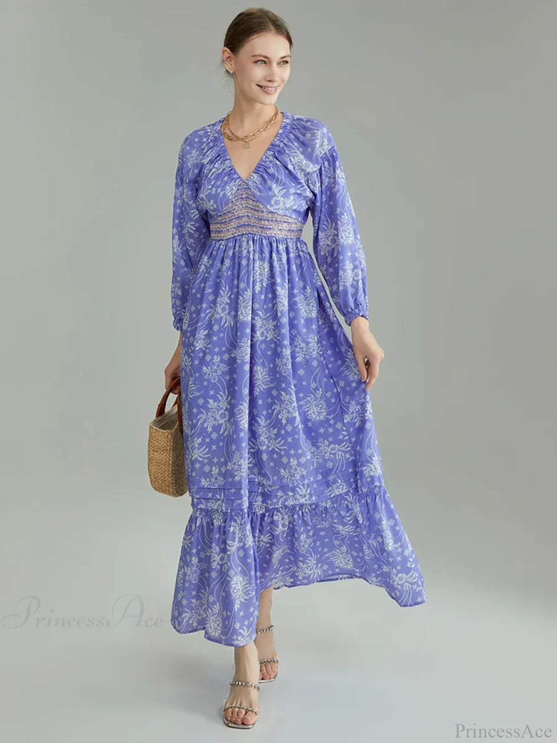 Bohemian Floral Print Puff Sleeve Swing Floral Dress