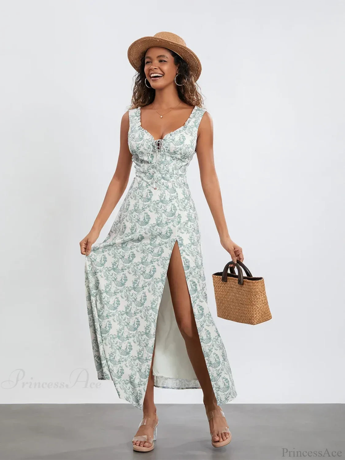 Bohemian Floral Tank Dress Sleeveless Ruffled Tie-up Sweetheart Floral Dress