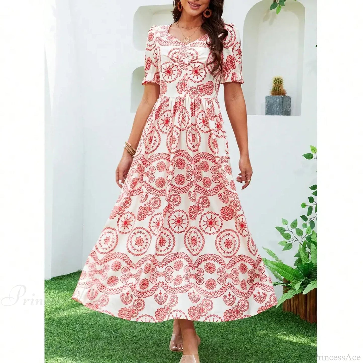 Bohemian High Waist Square Neck Floral Dress