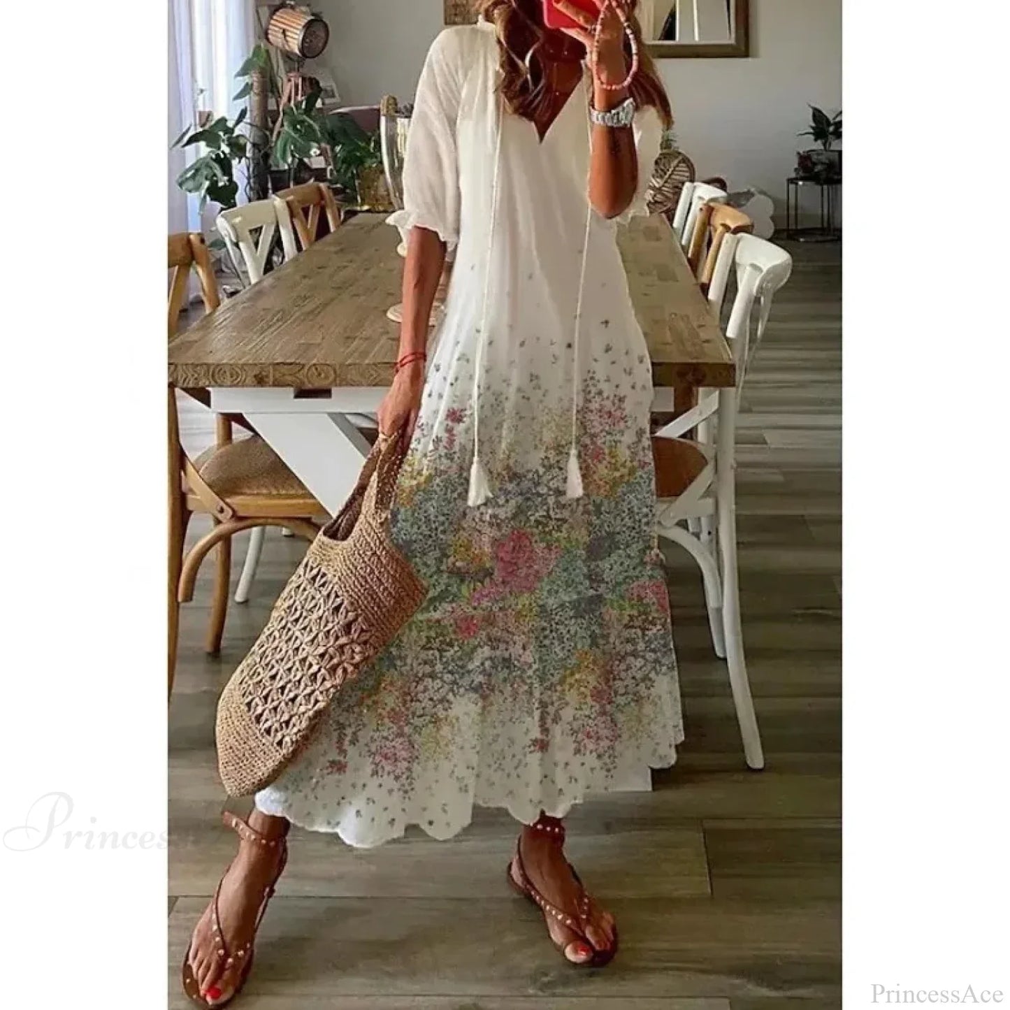 Bohemian Vintage Floral V-neck Summer Beach Dress