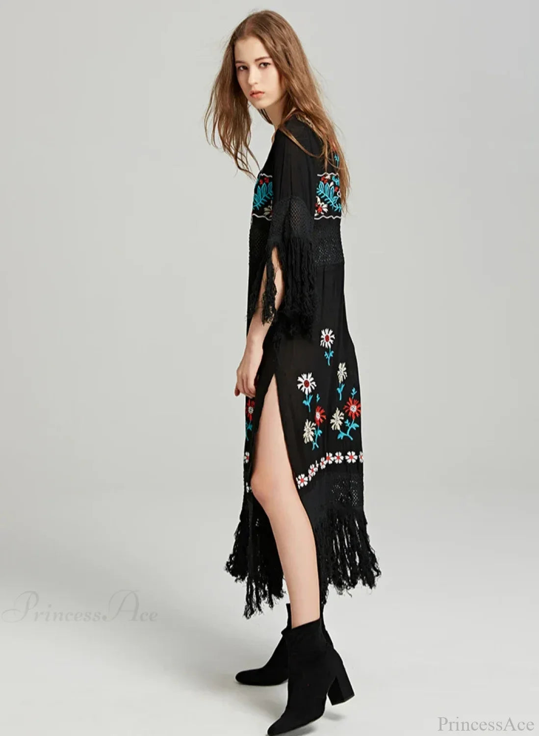 Boho Black Cotton Floral Embroidery Dress
