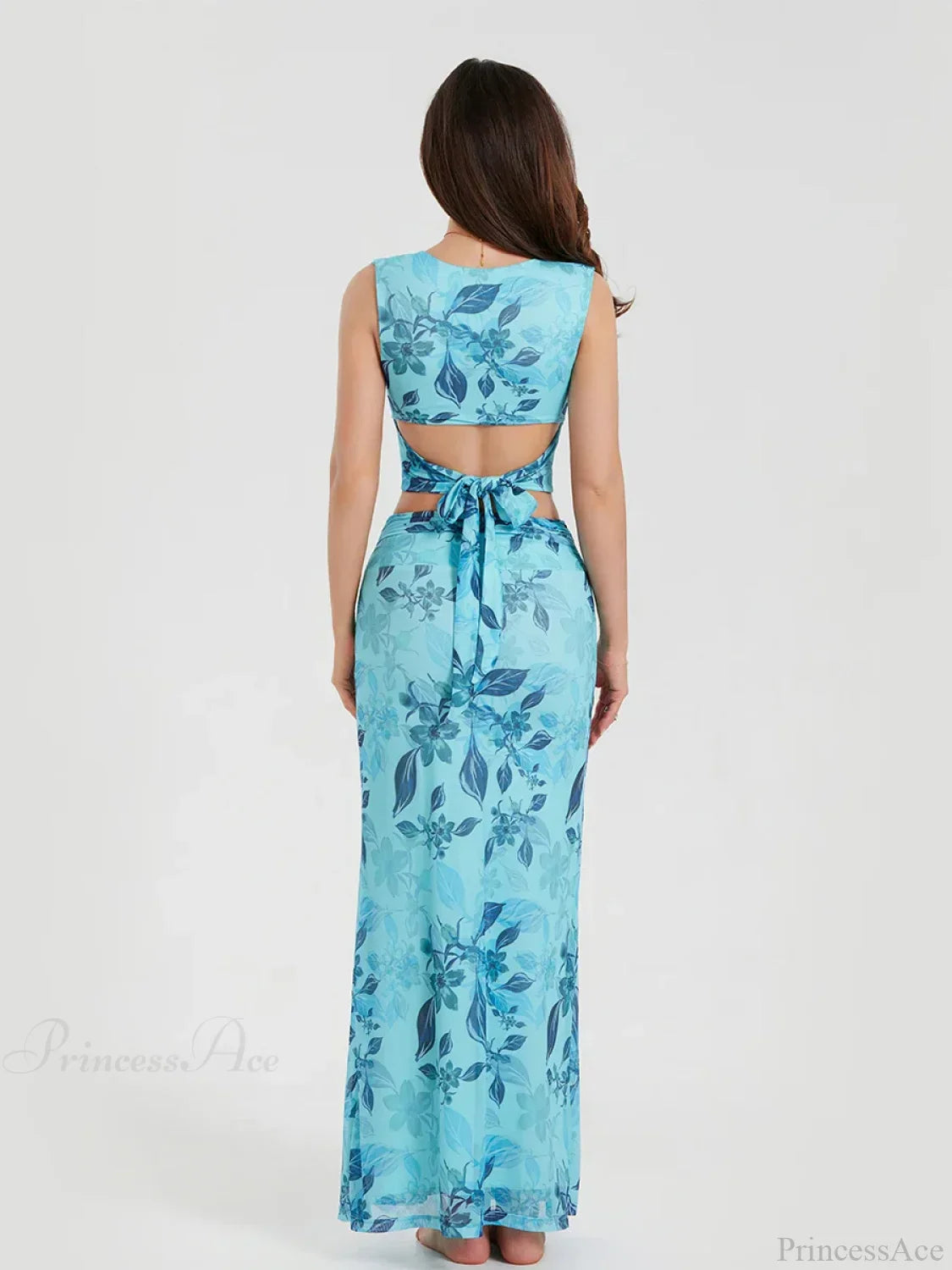 Boho Blue Floral Back Bandage Crop Tank Wrap Long Floral Dress