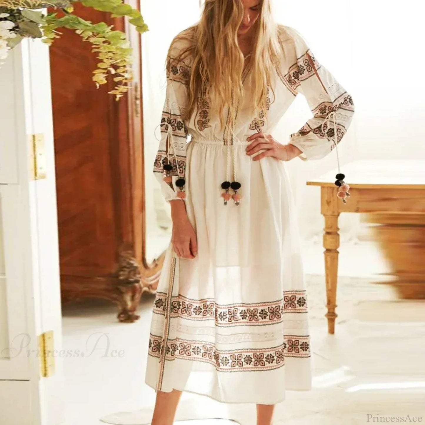 Boho Blue/White Cotton Rayon Maxi Dress