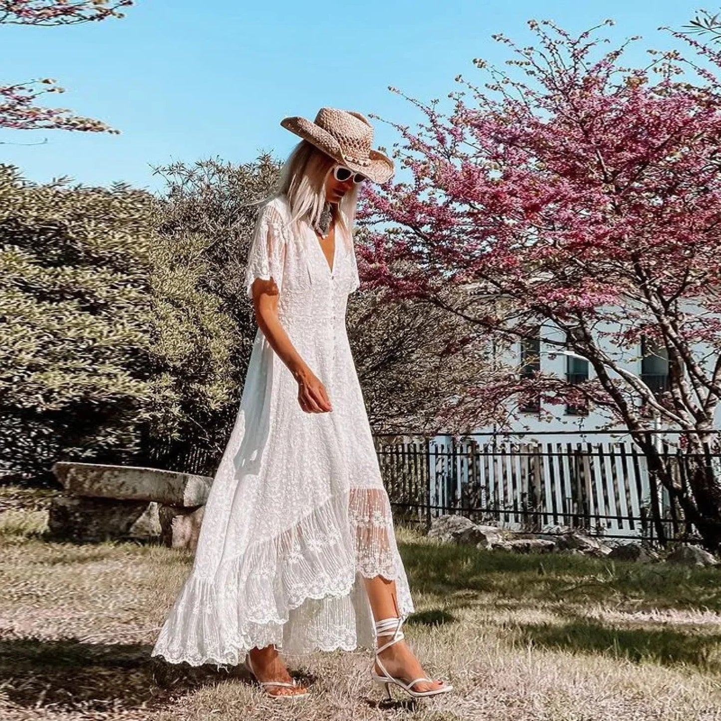 Boho Loose Summer Dress Vintage Deep V Floral Print
