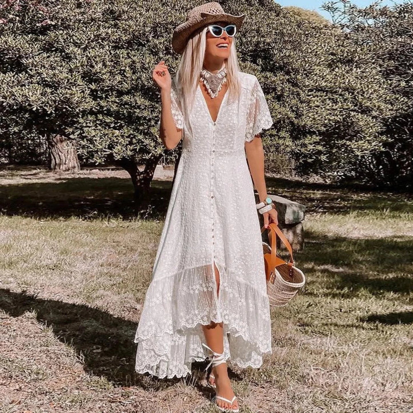 Boho Loose Summer Dress Vintage Deep V Floral Print