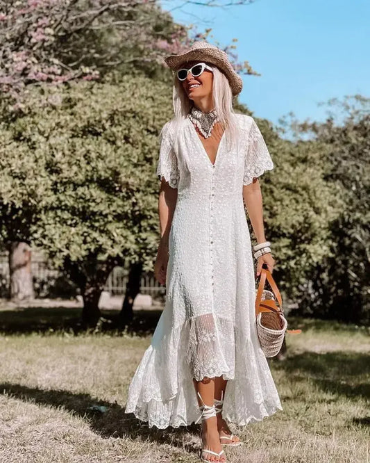 Boho Loose Summer Dress Vintage Deep V Floral Print