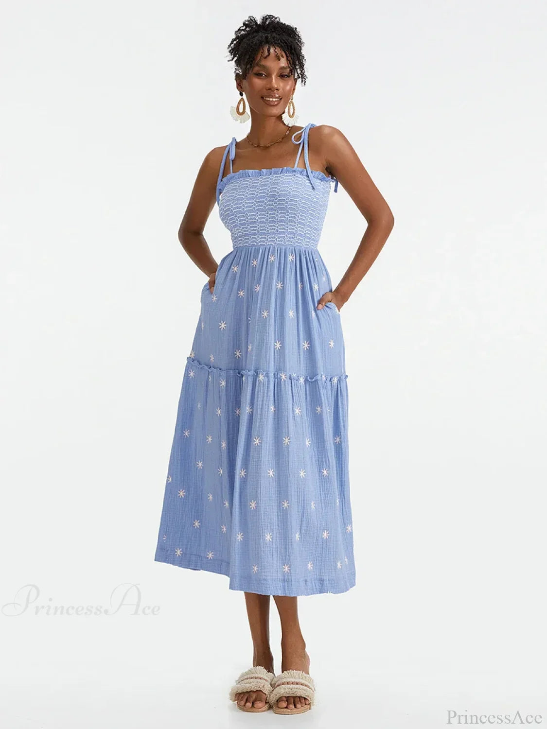 Boho Summer Flower Embroidery Tie-Up Shoulder Shirred A-Line Beach Dress
