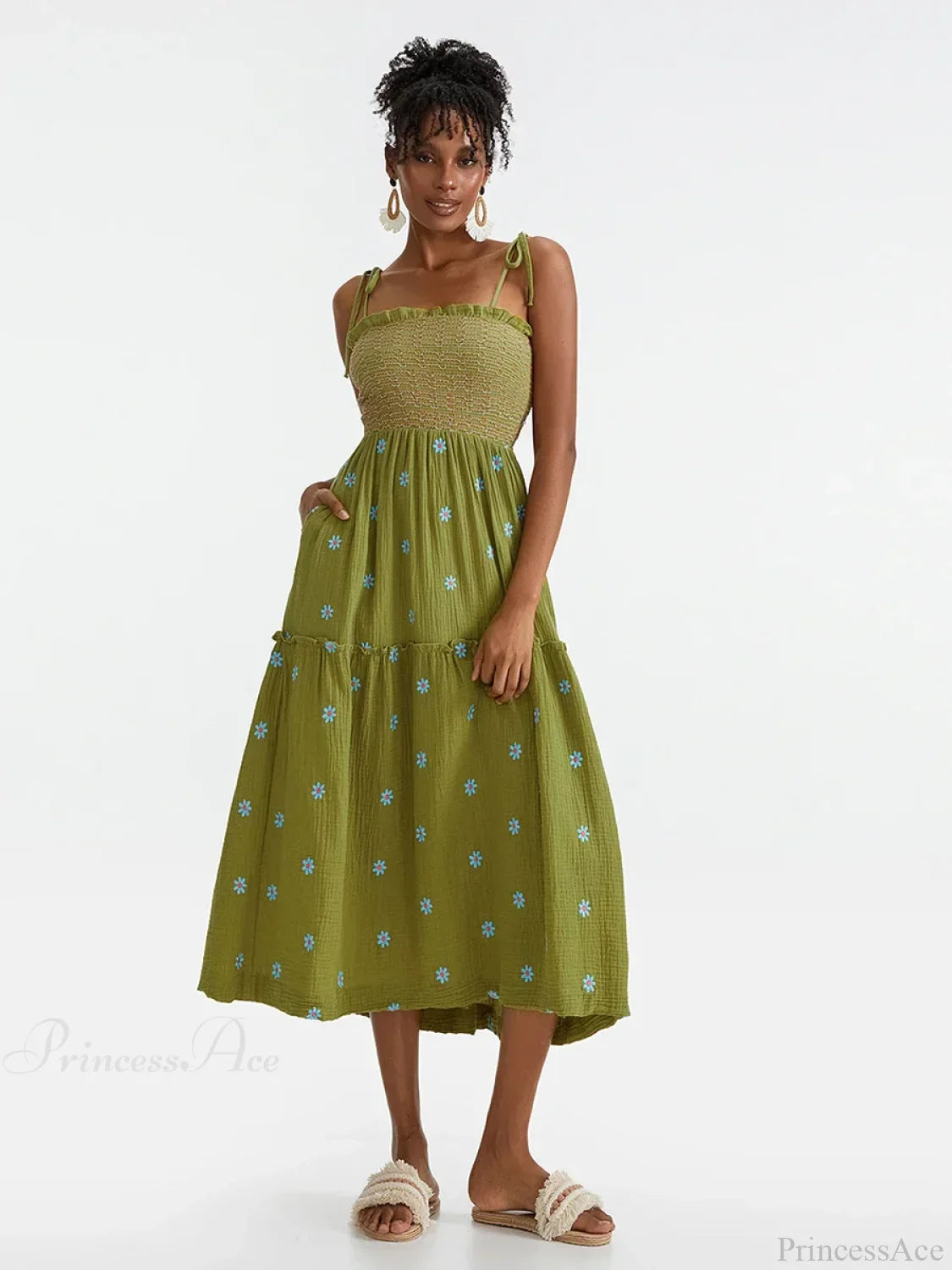 Boho Summer Flower Embroidery Tie-Up Shoulder Shirred A-Line Beach Dress