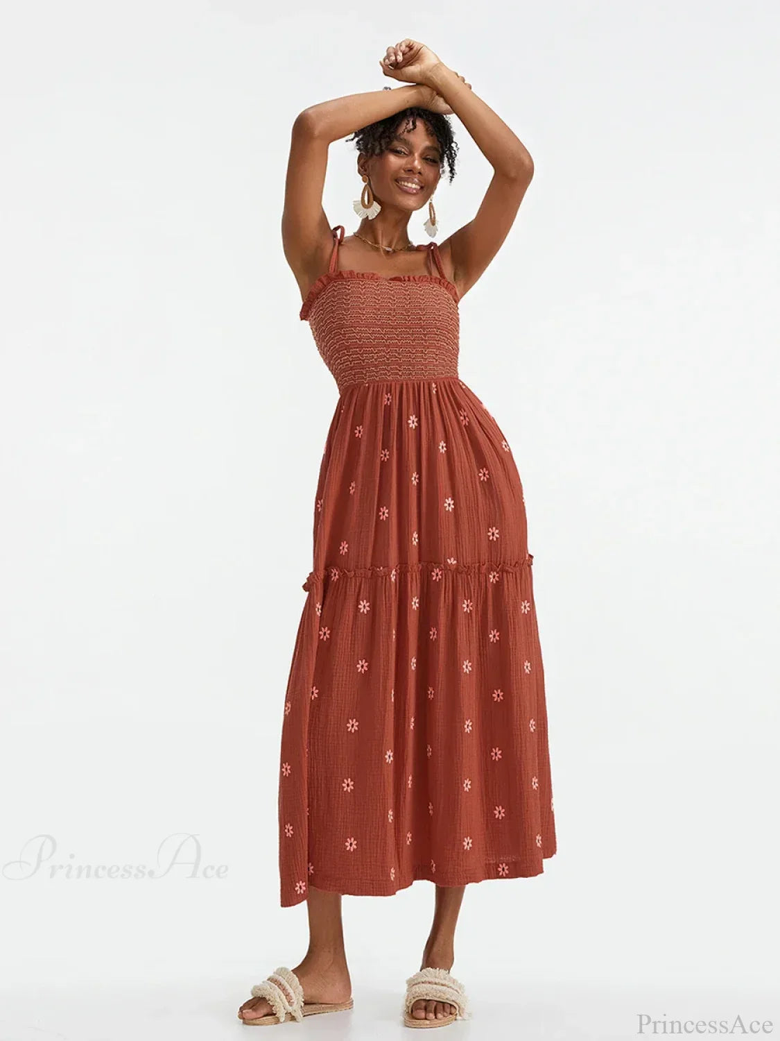 Boho Summer Flower Embroidery Tie-Up Shoulder Shirred A-Line Beach Dress