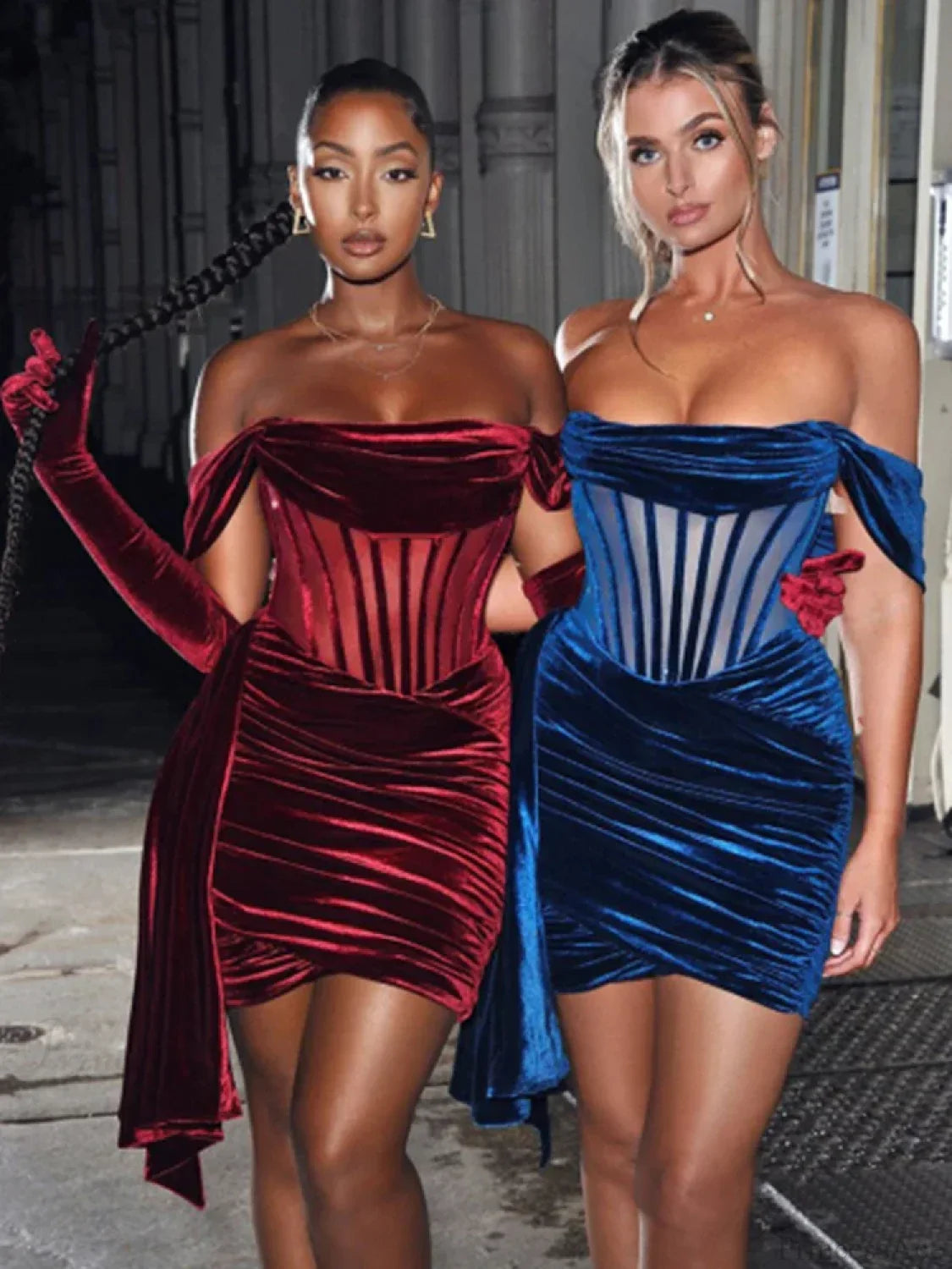 Burgundy Draping Off Shoulder Corset Sexy Velvet Slim Bodycon Mini Party Dress