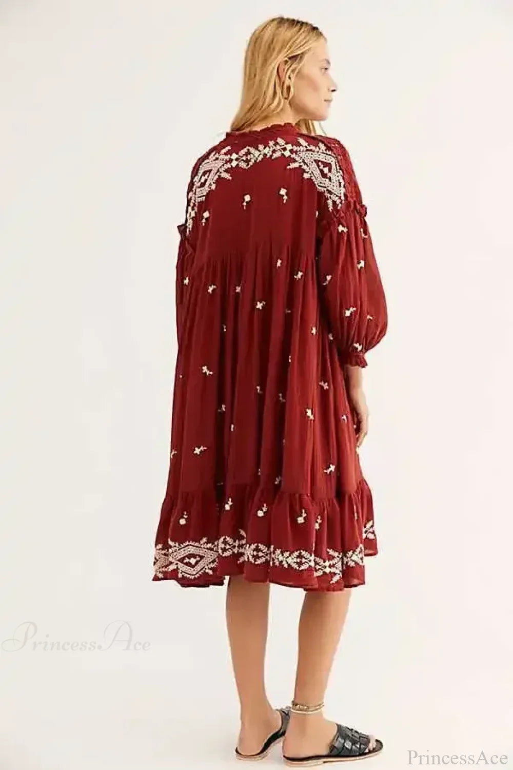 Button Up Black Embroidery Vintage Cotton Boho Dress