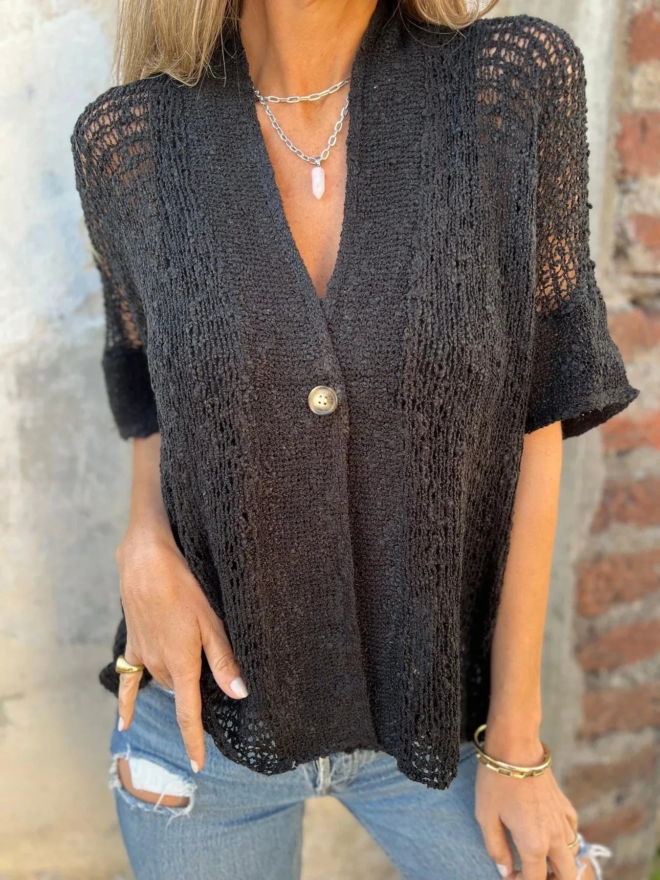 Monica® | Casual Short Sleeve One Button Hollow Out Neckline Top