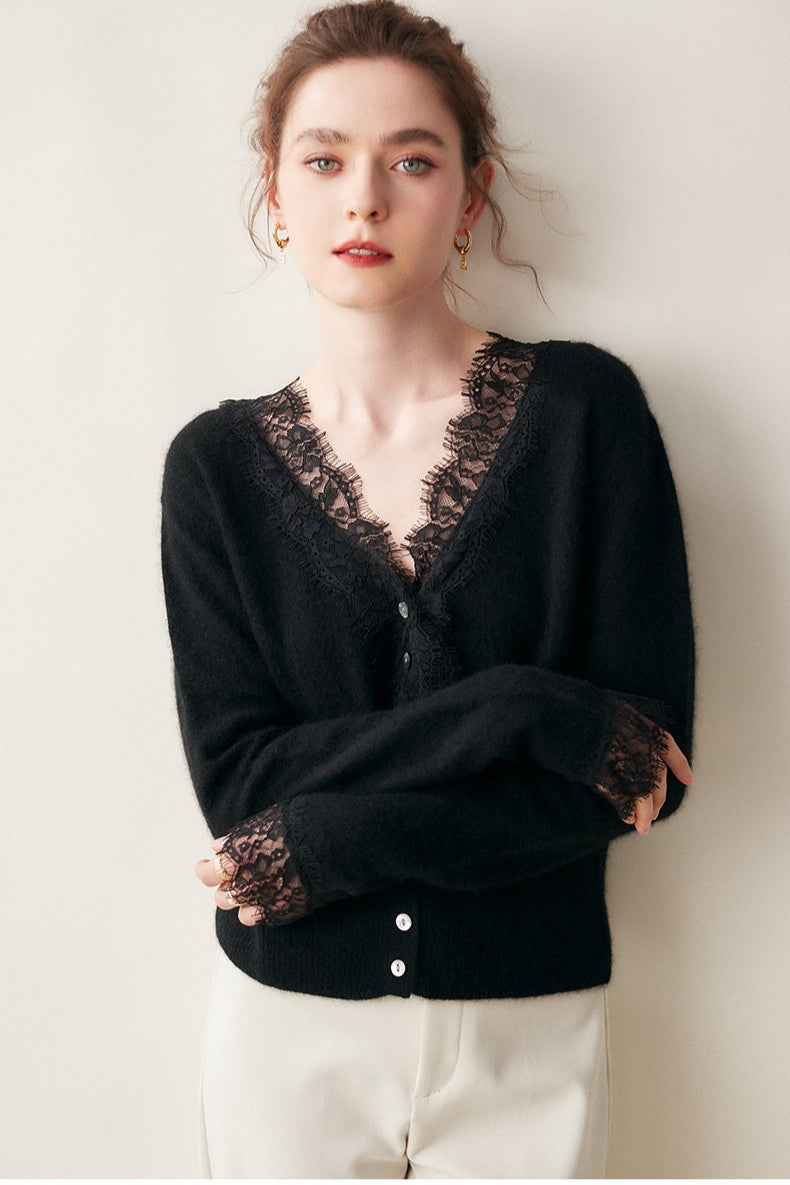 Cashmere Lace-Trimmed V-Neck Knit Cardigan